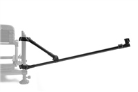 Black, durable feeder arm with adjustable sections and a secure mounting system, designed for fishing equipment by Preston Innovations, featuring a long reach for convenience.
