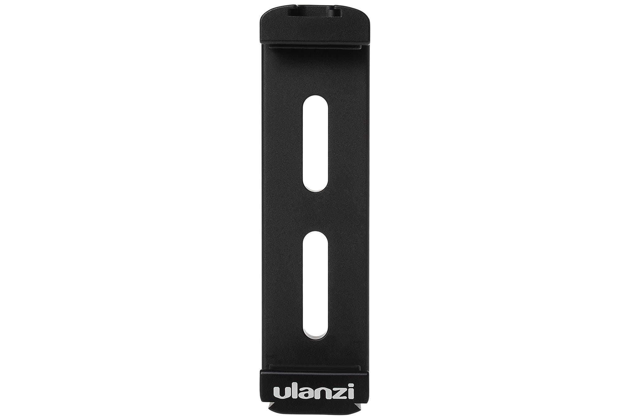 Black metal tripod mount adapter designed for iPad and devices up to 10 inches, featuring two vertical slots for secure attachment.