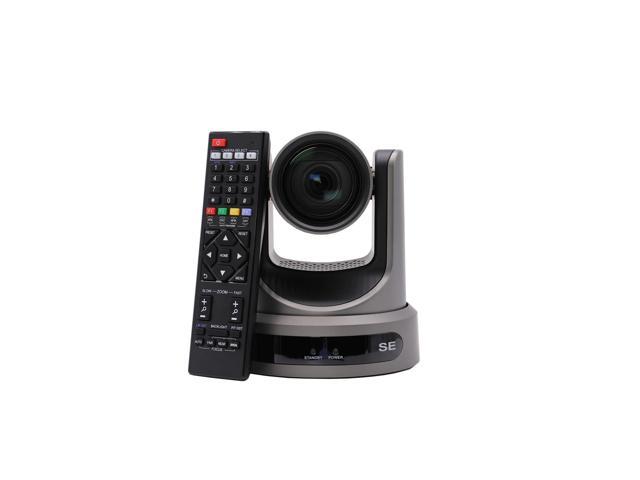 Grey PTZOptics Move SE camera with a 30x optical zoom lens, featuring a sleek design and a remote control for easy operation.