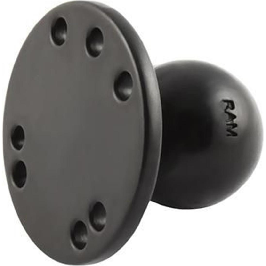 Stainless steel round ball base by RAM Mounts, featuring a black finish, a smooth spherical ball, and six mounting holes on a circular plate for secure attachment.