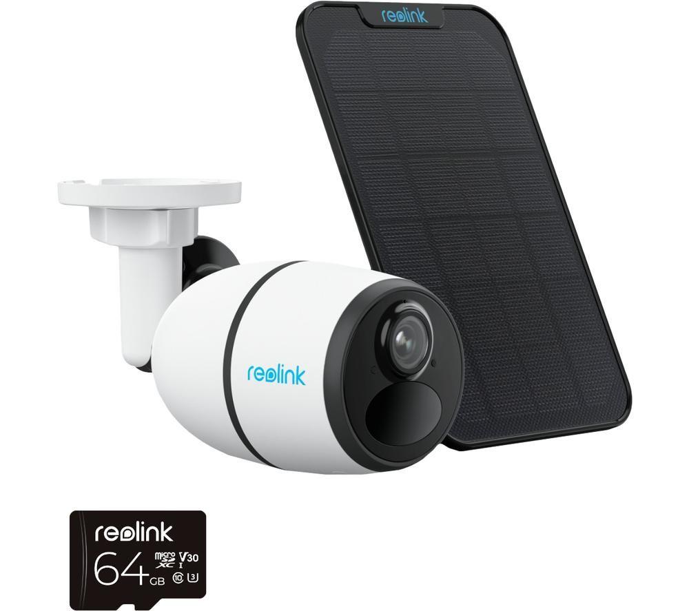 Reolink network CCTV camera in white with a black lens, featuring a solar panel, 2560 x 1440 pixel resolution, and a microSD card for storage.