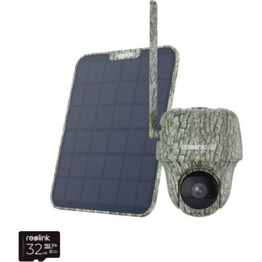 Reolink Go Series G450 wildlife camera in camo design with a solar panel, featuring a lens, antenna, and a 32GB memory card, ideal for outdoor monitoring.