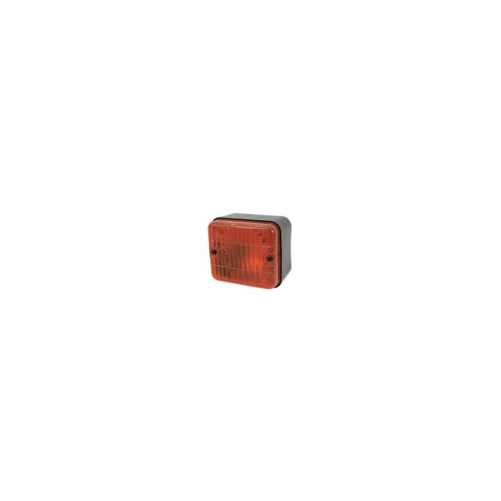 Square, orange fog lamp with a textured lens, mounted in a black plastic housing, featuring two screw holes for installation.