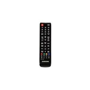 Black Samsung TM1240A remote control featuring a rectangular shape, a variety of buttons including a red power button, and a sleek, matte finish.