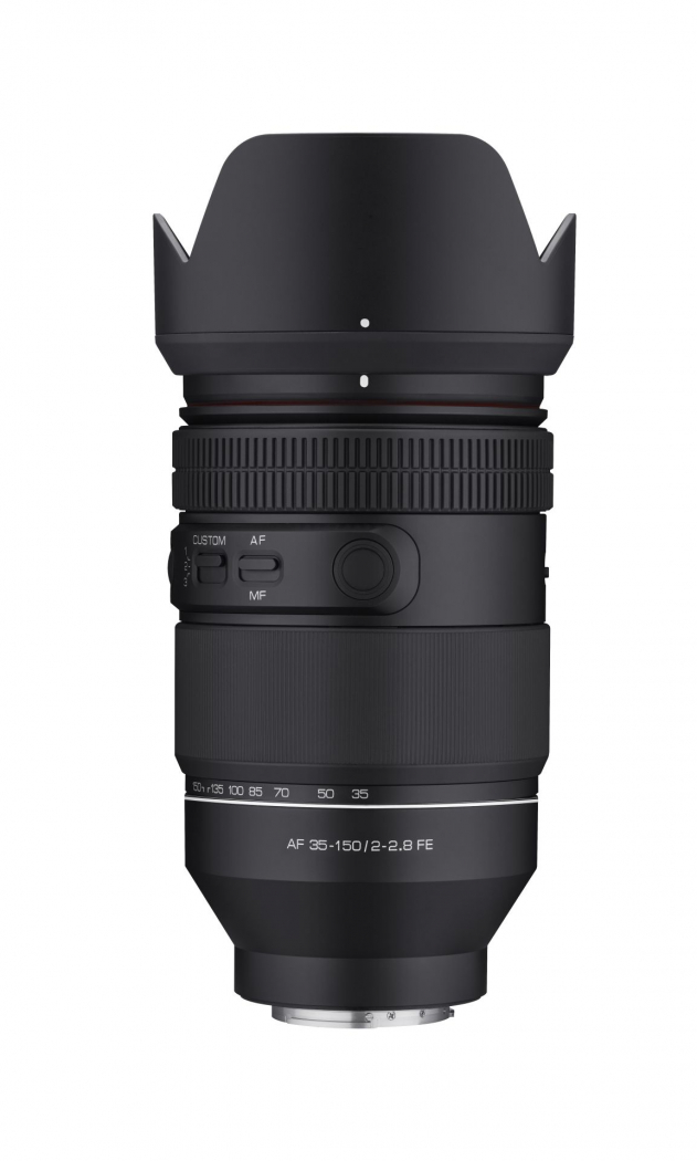Black Samyang AF 35-150mm F2-2.8 FE lens with a matte finish, featuring a zoom ring, focus switch, and a petal-shaped lens hood.