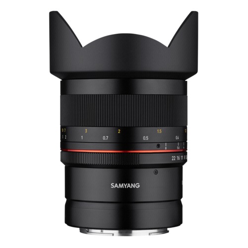 Black Samyang MF 14mm F2.8 Z MILC wide lens featuring a metal body, prominent hood, and distinct yellow and red markings on the focus and aperture rings.