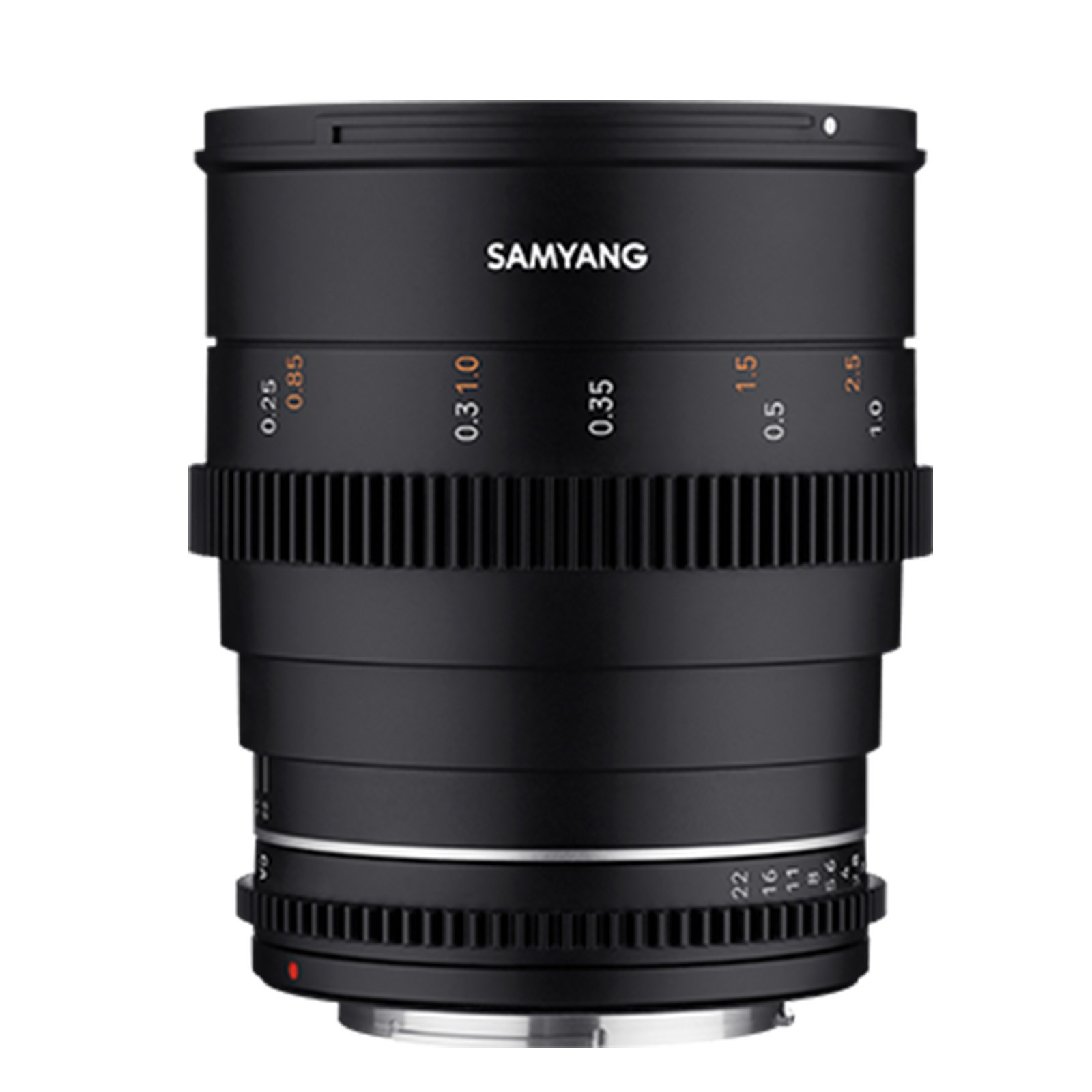 Black Samyang VDSLR 135mm T2.2 MK2 RF lens featuring a smooth focus ring, marked distance scales, and a robust metal build for durability.