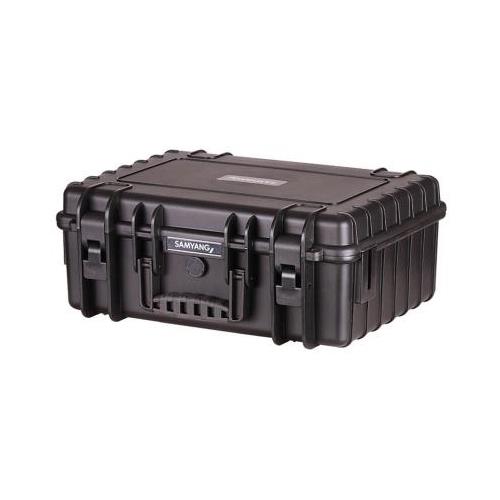 Black hard-shell case with a sturdy design, featuring a secure latch, textured surface, and compartments for six lenses, ideal for protection and transport.