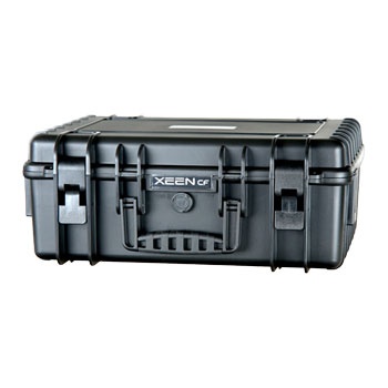 Black hard case with reinforced corners, featuring a secure latch and handle, designed to hold up to 5 XEEN CF cinema lenses, labeled with "XEEN CF" on the front.