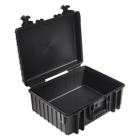 Black waterproof outdoor case without foam insert, measuring 20"L x 16-1/2"W x 8-1/2"H, featuring a sturdy plastic construction and secure latches.