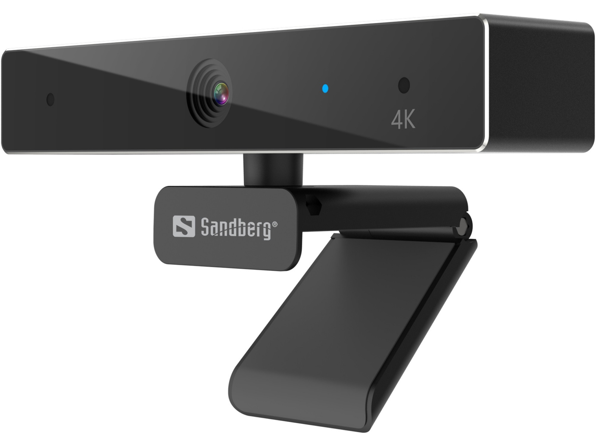 Black Sandberg USB-C/a Webcam Pro Remote 4K features a sleek design with a lens, indicator light, and adjustable clip for mounting on monitors or laptops.