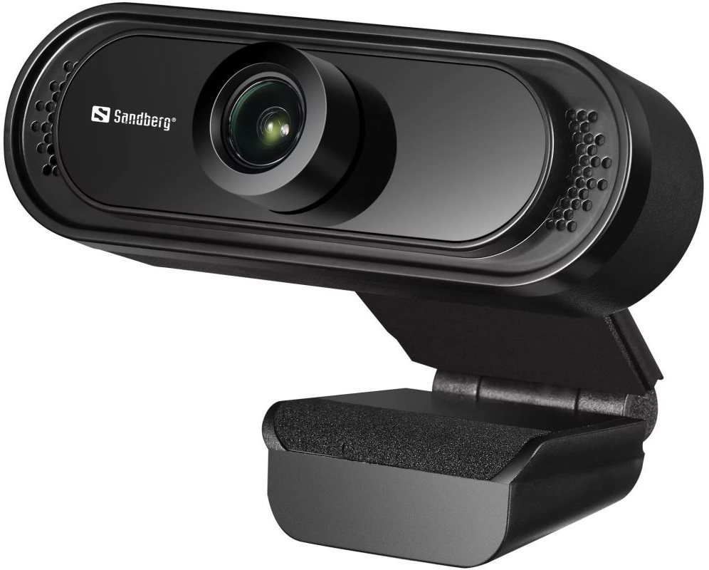 Black Sandberg USB Webcam with 1080P resolution, featuring a round lens, built-in microphone, and a flexible clip for easy attachment to monitors.