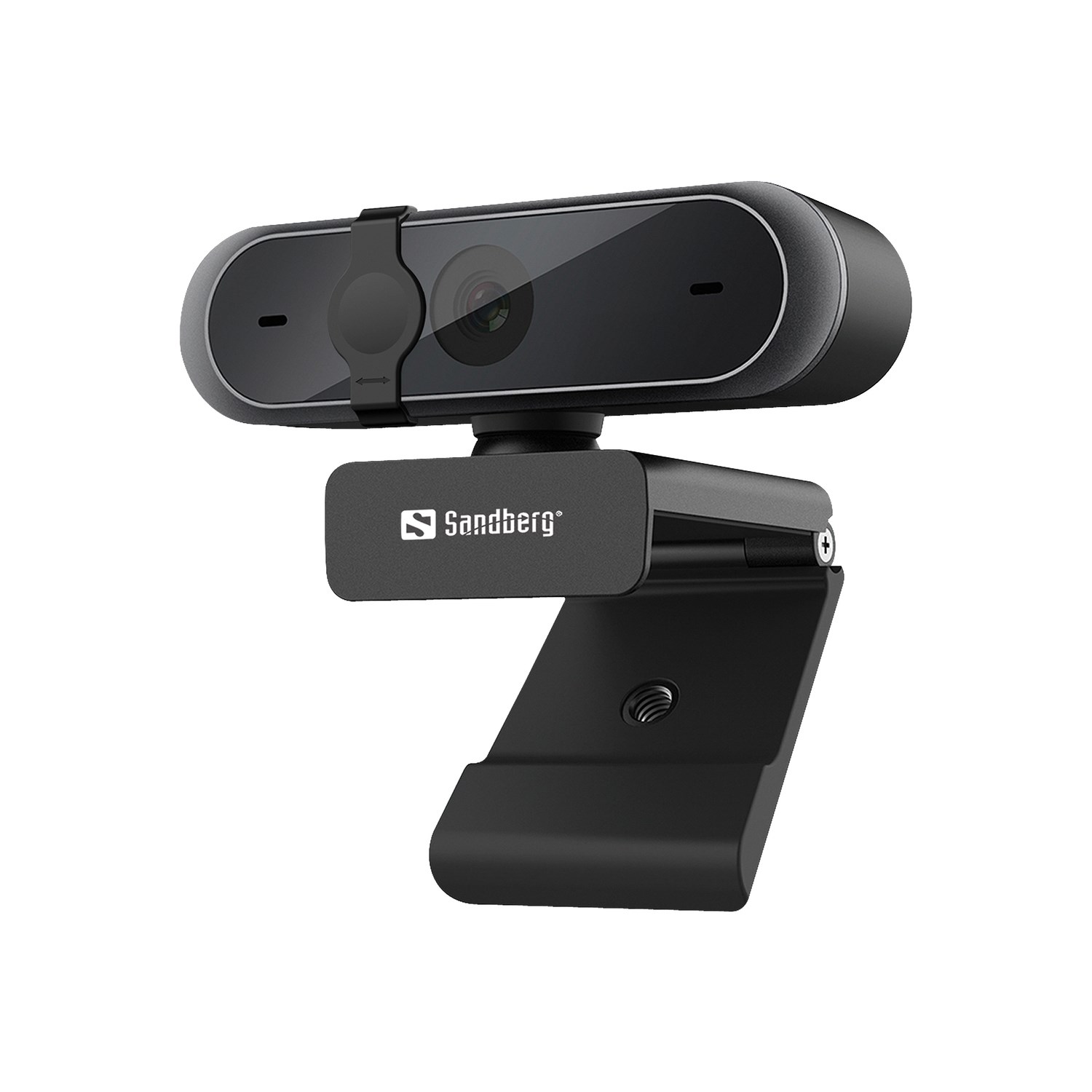 Black Sandberg USB Webcam Pro featuring a sleek design, dual lenses, and an adjustable clip for easy mounting on monitors or tripods.