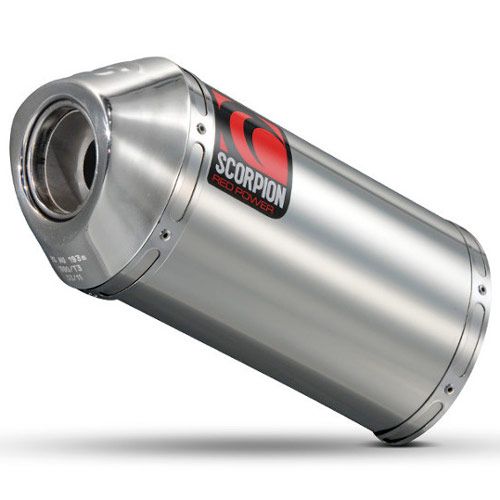 Stainless steel oval silencer with a polished finish, featuring a red and black Scorpion logo, designed for carbine firearms.