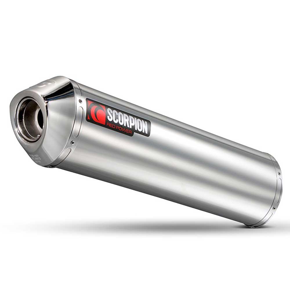 Stainless steel round silencer with a polished finish, featuring a prominent Scorpion logo and a cylindrical design, ideal for enhancing motorcycle exhaust systems.