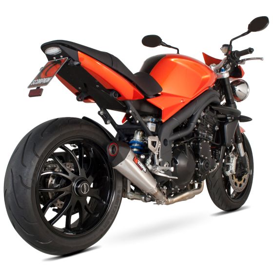 Scorpion Serket Taper Silencer in stainless steel with a sleek design, mounted on a motorcycle with an orange body and black wheels, showcasing a single can conversion.