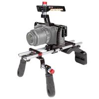 Black aluminum camera rig with adjustable handles, featuring a mounting plate, rod support system, and a top handle for enhanced stability and control during filming.