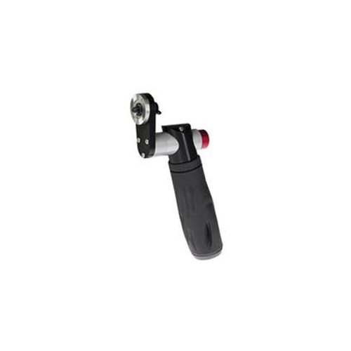 Black and silver camera mounting accessory with a textured grip handle, featuring a rotating mount and a red accent button for easy attachment and adjustment.