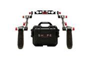 Black SHAPE HAND12 camera mounting accessory features dual ergonomic handles with red accents, a sturdy base, and multiple mounting points for versatile camera setups.