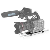 Black aluminum baseplate for Sony FX6 with 15mm rod support, featuring a secure mounting system and a lightweight design for enhanced stability in video production.