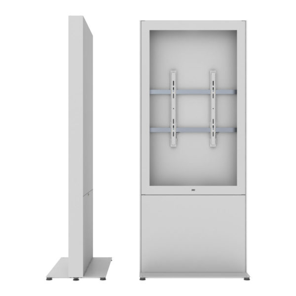 White freestanding storage casing with a sleek design, measuring 124.5 cm, featuring adjustable mounting brackets and a minimalist aesthetic suitable for media solutions.