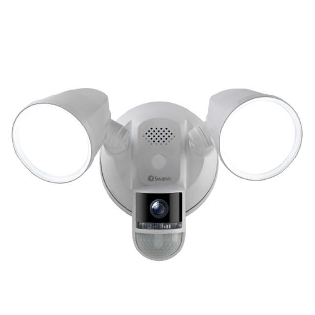 White Swann 4K floodlight security camera featuring dual adjustable LED lights, a built-in siren, two-way talk capability, and a motion sensor at the bottom.