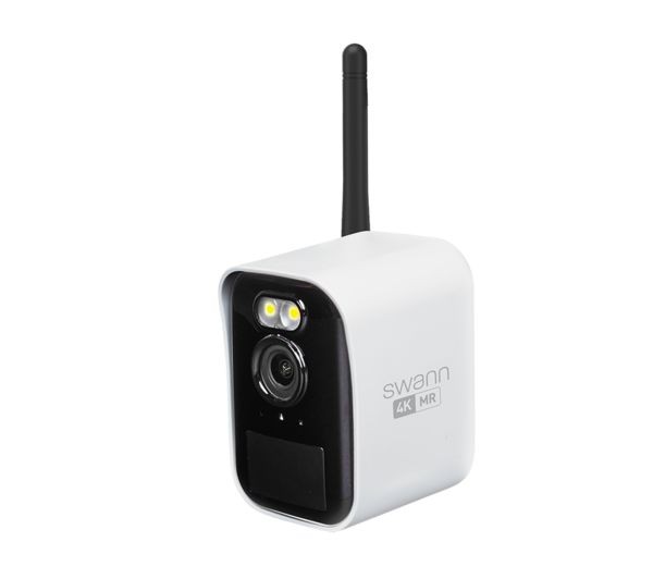 Compact white security camera with a black front, featuring a lens, two LED lights, and an antenna for wireless connectivity, labeled "Swann 4K MR."