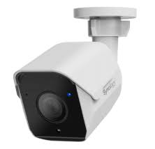 White bullet-style IP camera with a black lens and blue indicator light, designed for smart surveillance, featuring a sleek, modern design and a mounting bracket for easy installation.