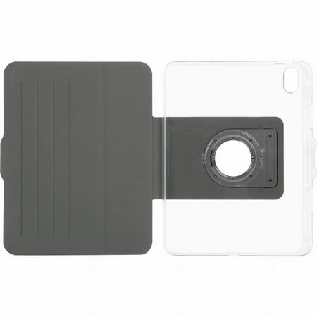 Clear, flexible case for iPad (10th Gen.) featuring a gray folio cover with card slots and a rotating stand for versatile viewing angles.