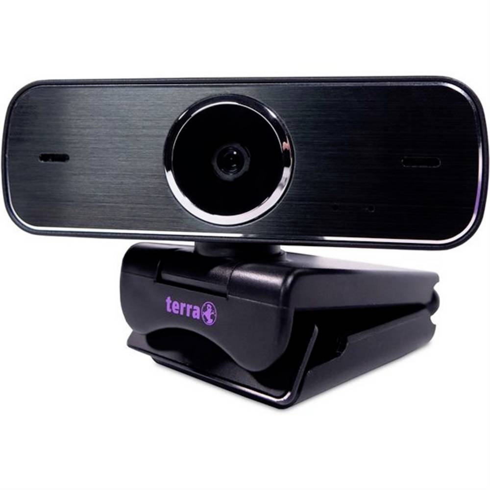 Black TERRA JP-WTFF-1080 webcam featuring a sleek design, 2 MP resolution, 1920 x 1080 pixels, and a sturdy clip for easy attachment to monitors.