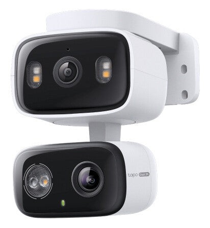 White dual-lens security camera with a sleek design, featuring two lenses, LED lights, and a mounting bracket for indoor or outdoor use.
