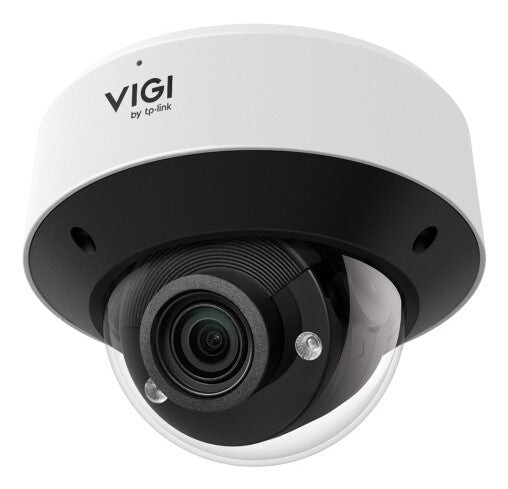 White and black dome IP security camera with a glass dome, featuring a lens at the center, labeled "VIGI by TP-Link," designed for outdoor use, with high-resolution capability.