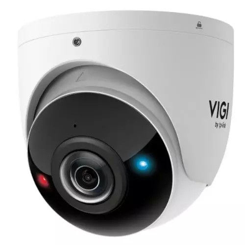 White turret IP security camera with a black lens, featuring red and blue indicator lights, designed for outdoor use, offering 3840 x 2160 resolution.