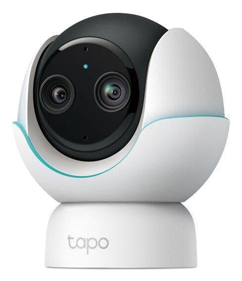 White and black network surveillance camera with dual lenses, a smooth rounded design, and a light blue accent, featuring pan and tilt capabilities for versatile monitoring.