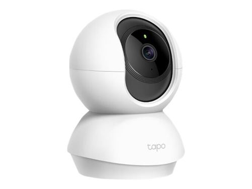 White TP-Link Tapo Pan/Tilt Home Security Wi-Fi Camera with a spherical design, featuring a black lens and green indicator light on the front, mounted on a rounded base.
