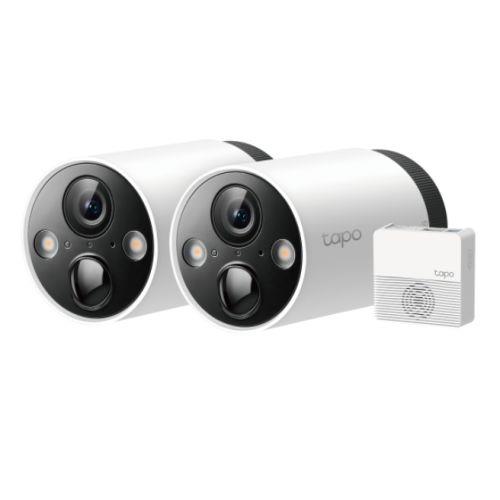 Two white TP-Link Tapo C420S2 4MP smart security cameras with black lenses and built-in lights, alongside a compact white base station, showcasing modern design and features.