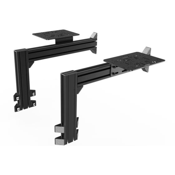 Black aluminum flight sim control mounts with two side supports, featuring adjustable platforms for secure attachment to cockpits, designed for stability and customization.