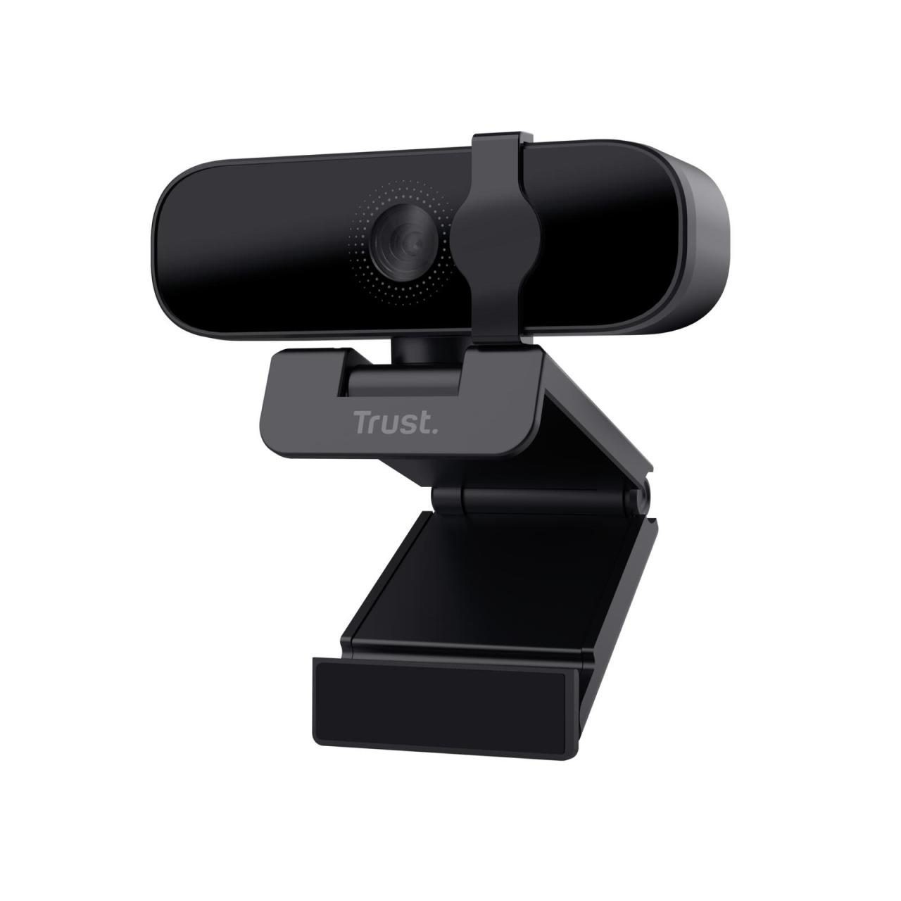 Trust Tanor 1080p Full HD webcam in black, featuring a sleek design, adjustable clip for mounting, and a built-in lens with a privacy shutter.