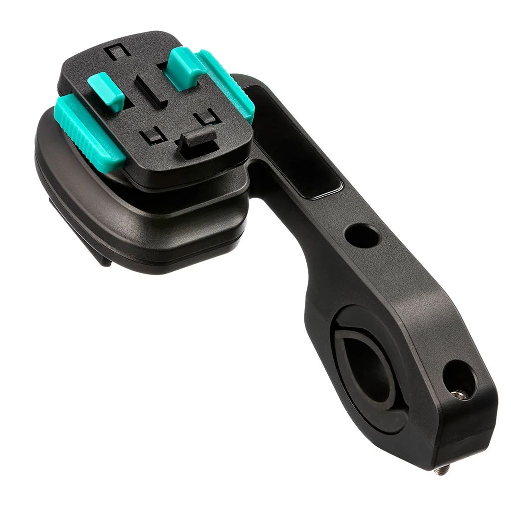 Black dual handlebar attachment with turquoise accents, designed for 20-33mm handlebars, featuring a secure mounting base for Ultimateaddons cases and action cameras.