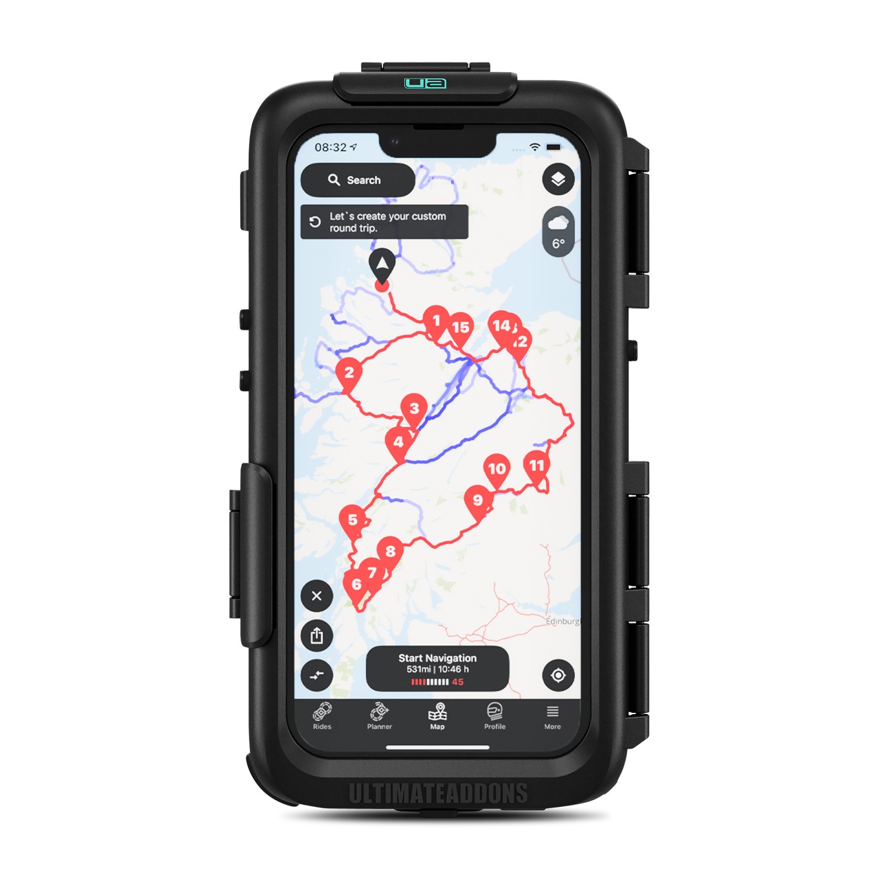Black waterproof tough case for Apple iPhone 14 Plus/14 Pro Max, featuring a rugged design, secure mounting system, and a clear front for touchscreen use, displaying a navigation map.