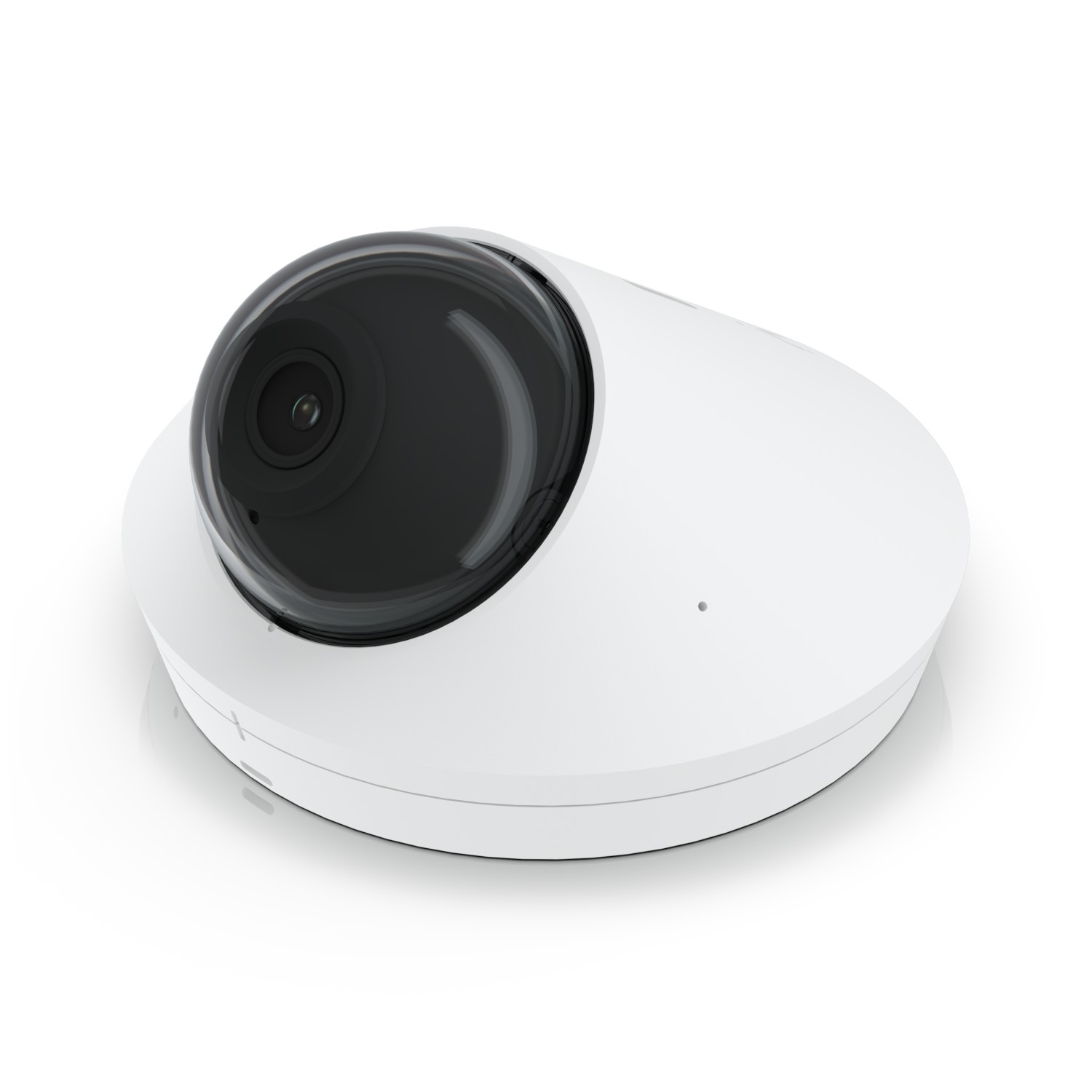 White dome-shaped IP security camera with a glossy black lens, featuring a sleek design and a small indicator light on the base.