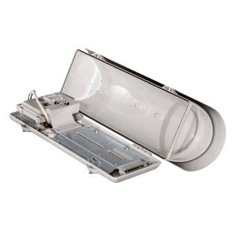 Silver metal security camera housing with a clear plastic cover, featuring a mounting plate and internal wiring for installation.