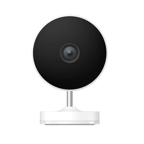 Xiaomi Outdoor Camera AW200 in white, featuring a round design with a black lens at the center, mounted on a sturdy white base for outdoor surveillance.