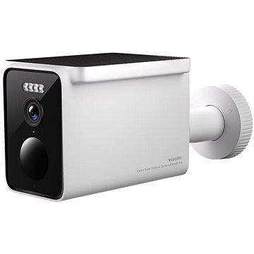 Xiaomi Solar Outdoor Camera BW400 Pro Set features a sleek white body, a black front panel with a lens and LED lights, and a mounting bracket for easy installation.