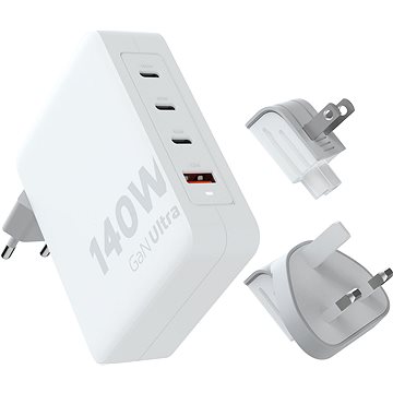 White 140W GaN Ultra Travel Charger with multiple USB-C ports and a USB-A port, accompanied by interchangeable plug adapters for different regions.