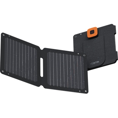 Xtorm SolarBooster 14W in grey features a foldable design with black solar panels and an orange button, ideal for charging devices using solar energy.