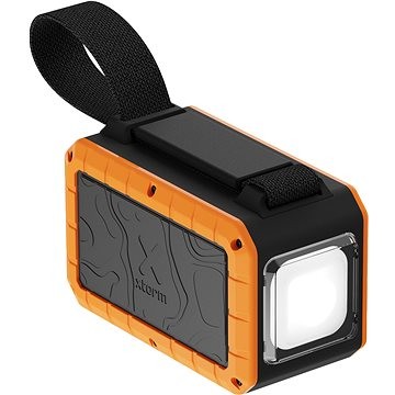 Xtorm XR204 power bank in black and orange, featuring a rugged design, textured surface, and a sturdy strap for portability, with a capacity of 40000 mAh.