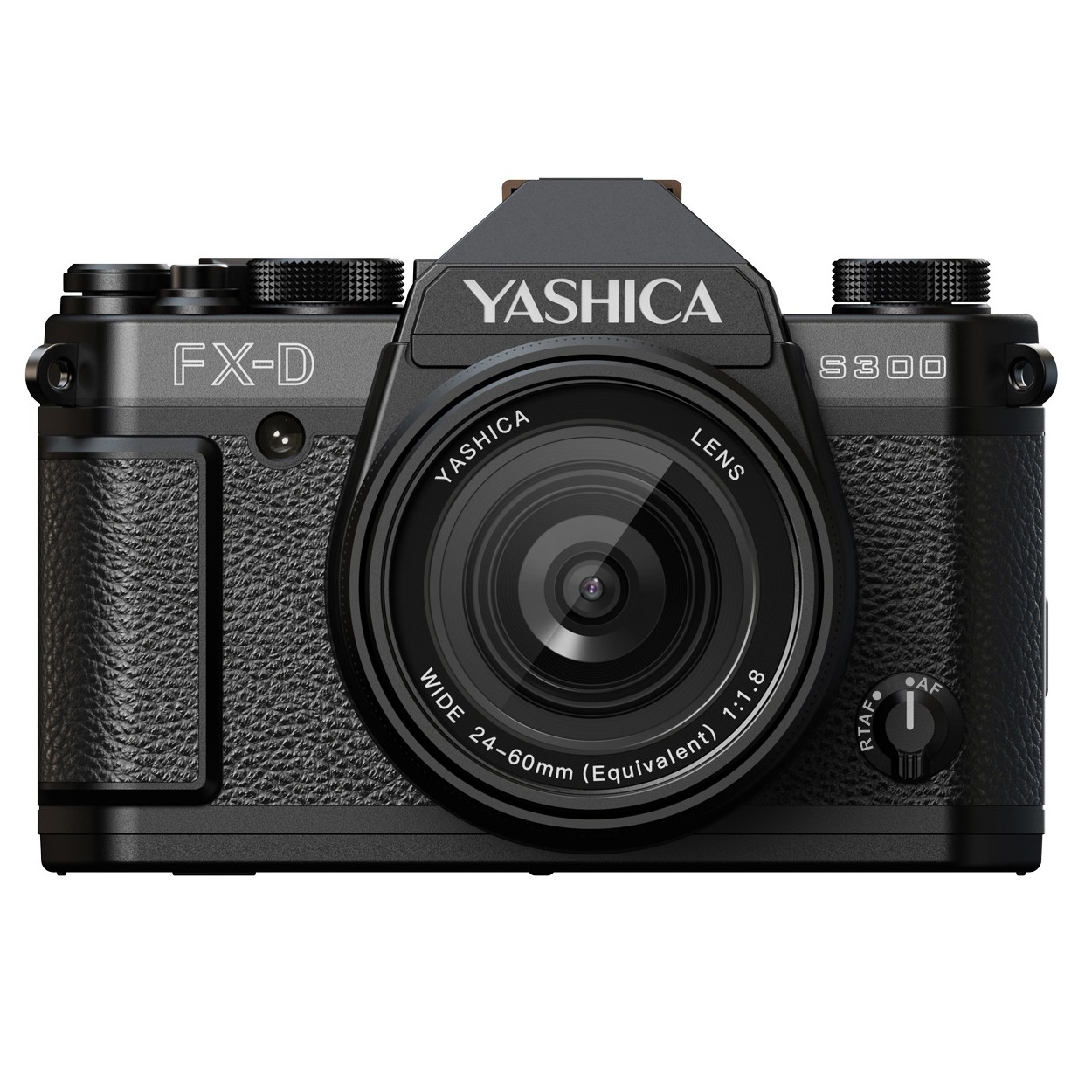 YASHICA FX-D S300 digital camera in black with textured grip, featuring a 50MP lens, EVF, and a wide 24-60mm equivalent aperture of f/1.8.