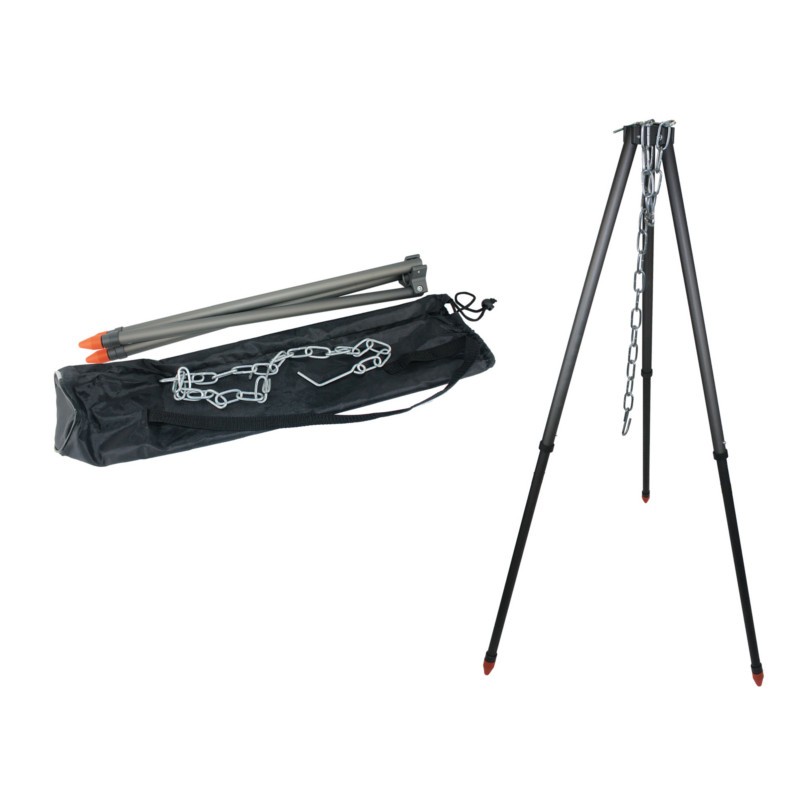 Yellowstone Telescopic Campfire Tripod features a sturdy black metal frame with orange tips, a chain for hanging pots, and comes with a compact carrying bag for easy transport.