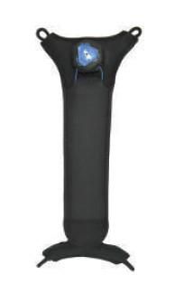 Black hand strap with a textured surface, featuring a blue accent and adjustable loops for secure attachment, designed for ergonomic grip and comfort.